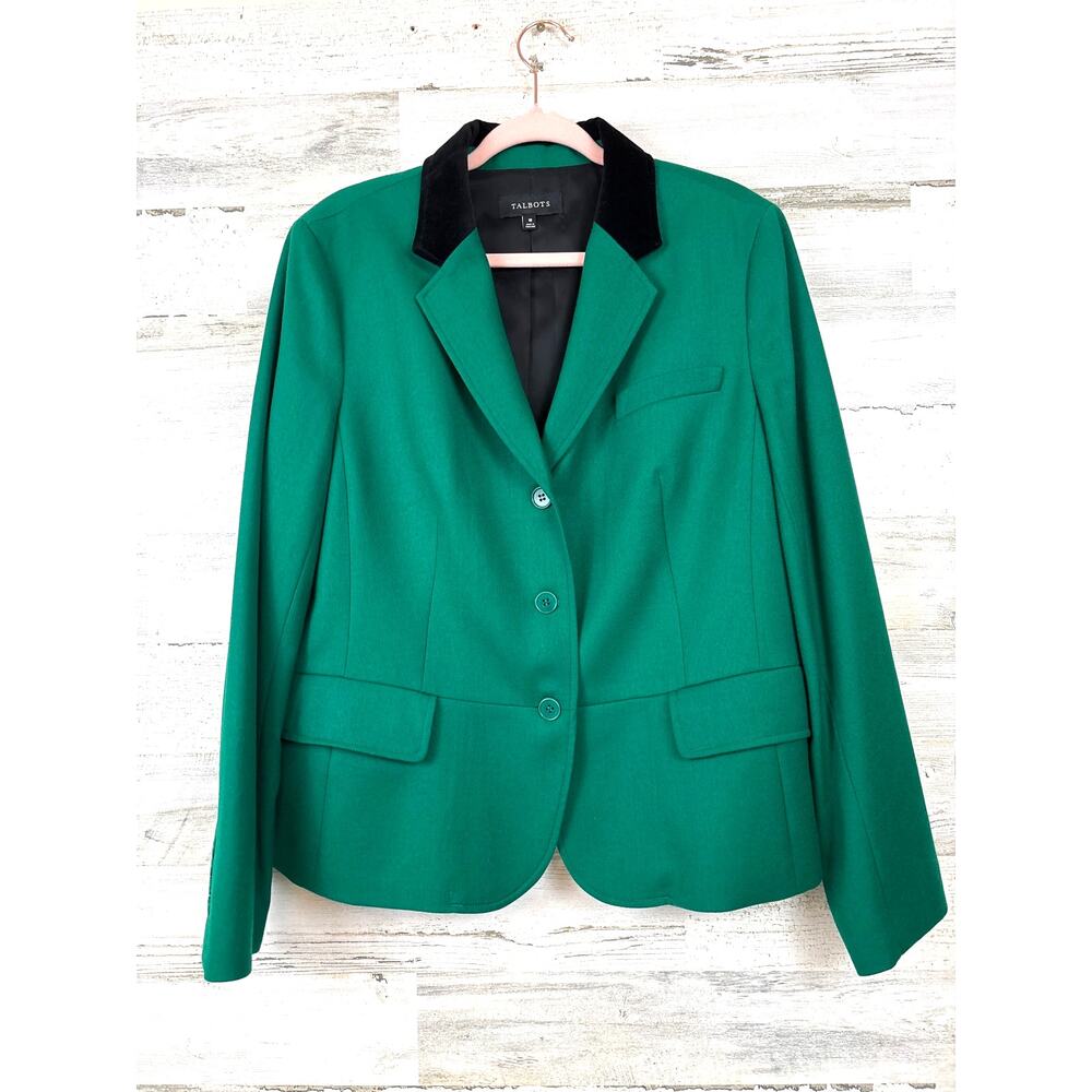 Talbots Womens 18 Plus Green Wool Black Collar Lined Holiday Blazer NEW